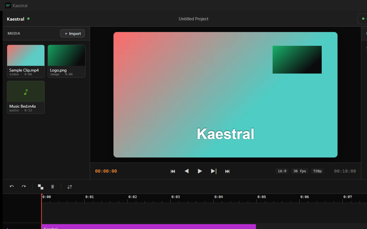 Kaestral editor: multi-track timeline with media, preview, and transport controls